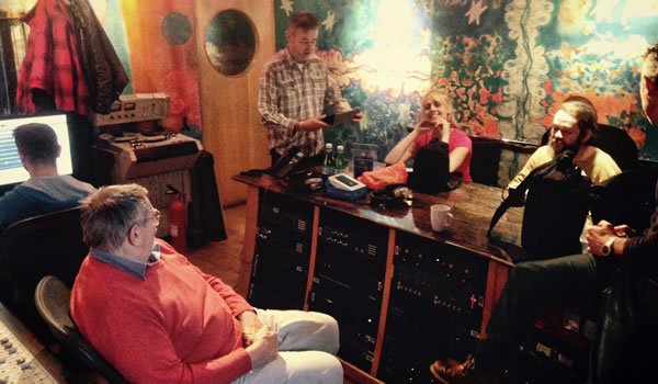 The Coal Porters recording, East London, Nov 2014. Legendary producer John Wood in orange jumper on left.