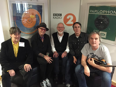 May 2, 2016. The Long Ryders, with BBC radio legend Bob Harris in centre, discuss 12 string guitars at Western House.