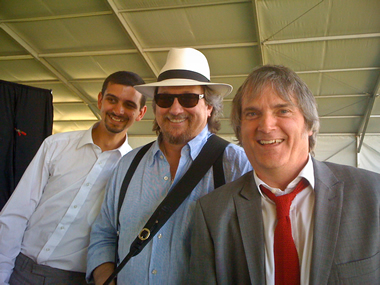 World's greatest dobro player EVER, Jerry Douglas, gets a few tips backstage at Stagecoach Festival, May 1, 2011, from John Breese & Sid.