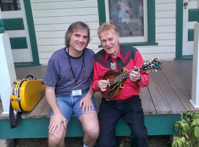 Bluegrass legend Frank Wakefield, a true virtuoso, and Sid Griffin sit on Bill Monroe's porch (!) near Rosine, Kentucky, summer 2007.