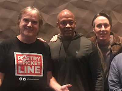 Working in the L.A. studio of Dr.. Dre, November 16, 2017. Dre has a fine modern studio. Stephen McCarthy was working in one room and Dre was doing deafening beats in the other.